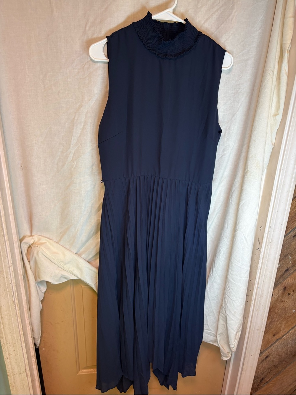 NANETTE LEPORE ​Shirred High Neck Pleated Midi Dress Navy Women’s 12 Button Back